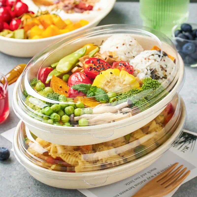 26oz ovale, biologisch abbaubare Salatschüssel aus Zuckerrohr mit Deckel